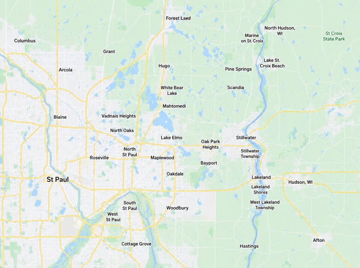 Afton Arcola Bayport Columbus Cottage Grove Forest Lake Grant Hastings Hugo Hudson, WI Lake Elmo Lake St. Croix Beach Lakeland Lakeland Shores Mahtomedi Maplewood Marine on St. Croix North Branch North Hudson, WI North Oaks North St Paul Oak Park Heights Oakdale Pine Springs Roseville Scandia South St Paul St Paul Stillwater Stillwater Township Vadnais Heights West Lakeland Township West St Paul White Bear Lake Willernie Woodbury